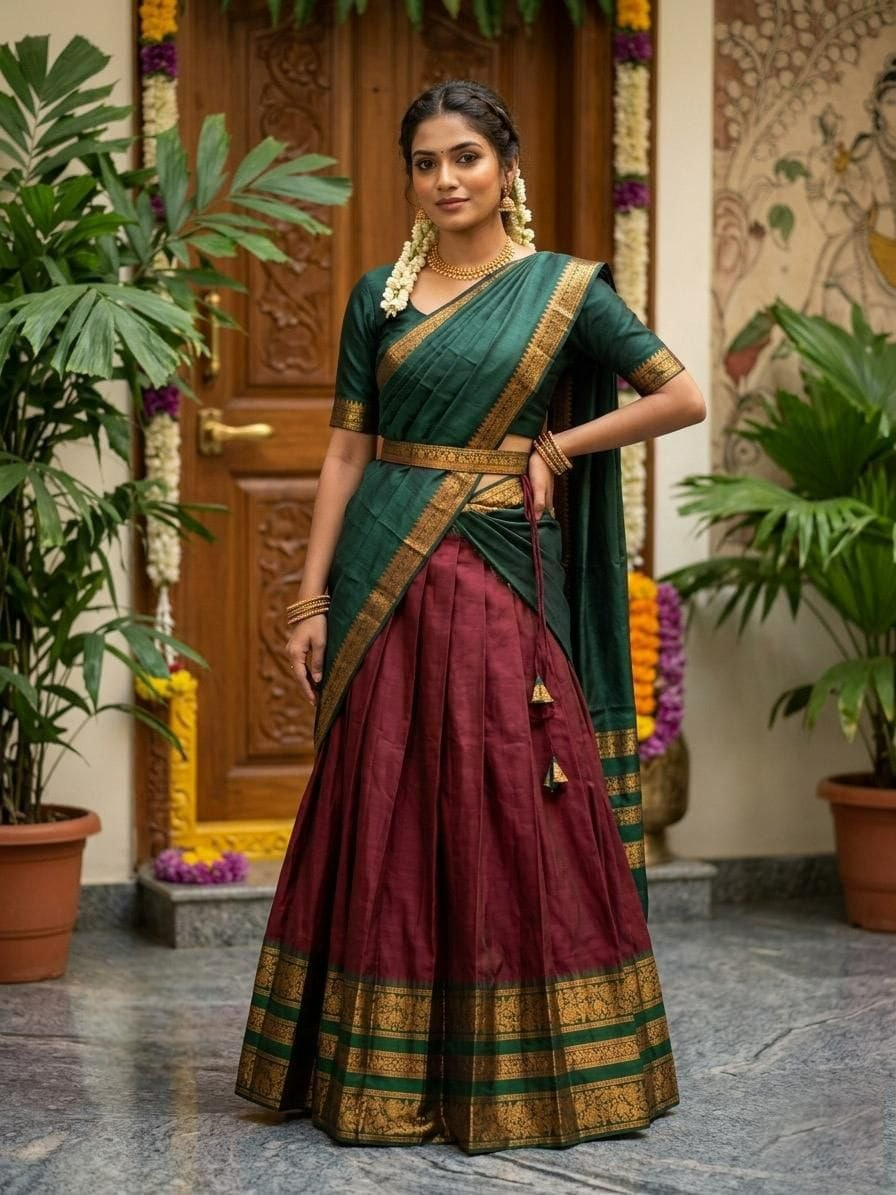 Rani Pink with Green Cotton Silk Lehenga